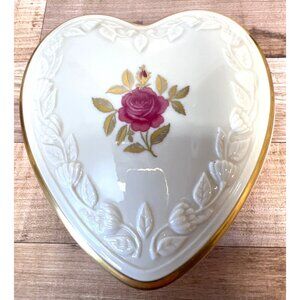 Lenox Heart-Shaped Porcelain Trinket Box With Rose Design & Gold Trim